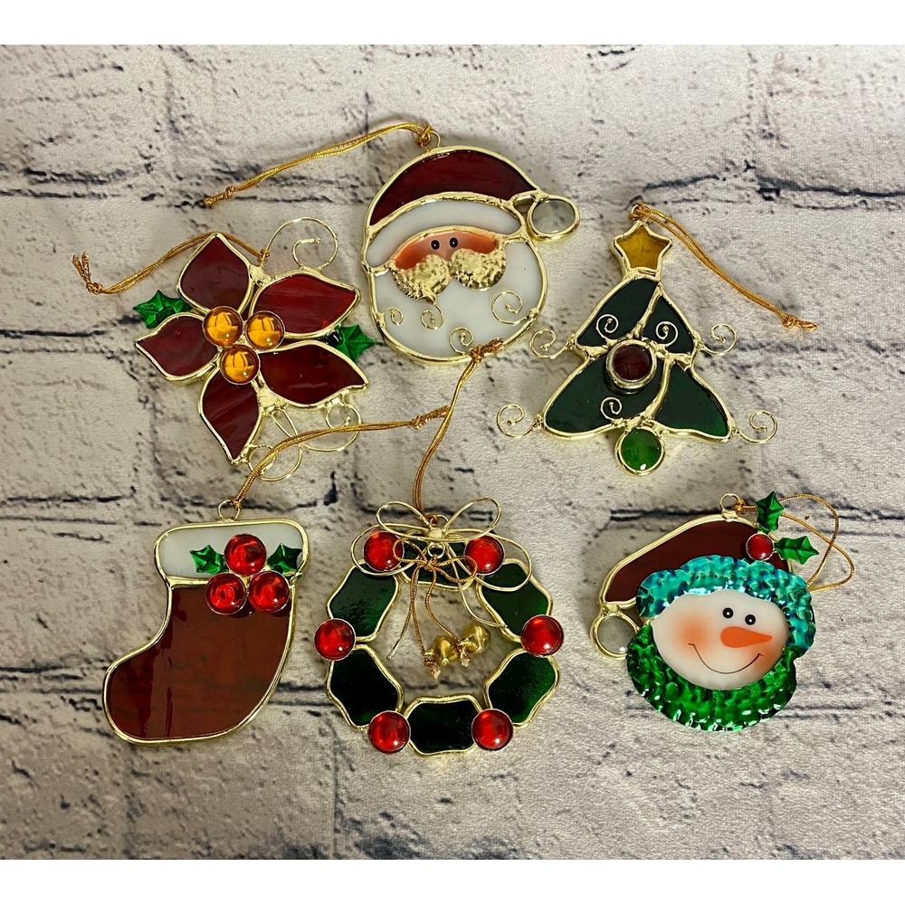 Stained Glass Sun Catchers Christmas Ornaments, Santa Snowman Wreath Set Of 6